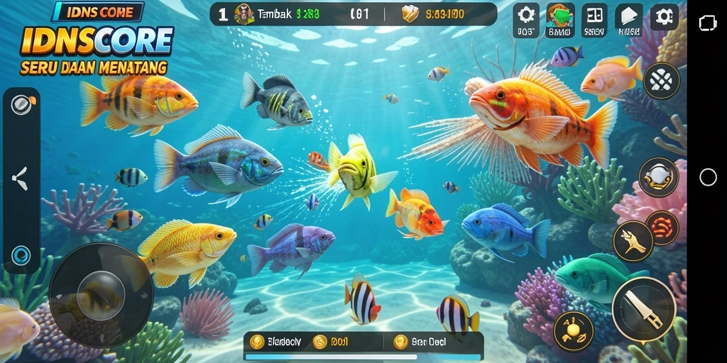 Tampilan gameplay seru di IDNSCORE dengan aksi tembak ikan.