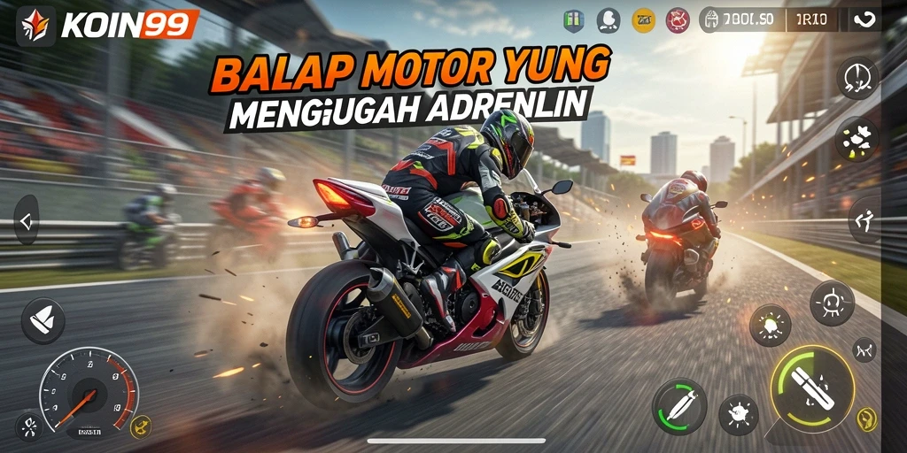 Gameplay seru KOIN99 dengan balapan motor yang menegangkan.